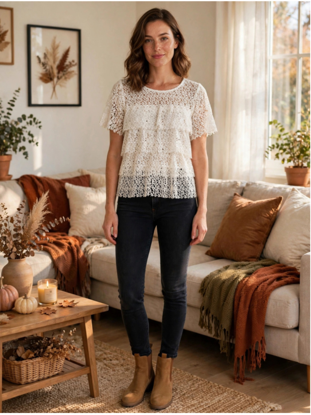 Zara Basic White Crochet Lace Top Flutter Short Sleeve Tiered